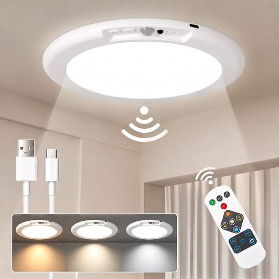 Rechargeable LED Ceiling Light, Wireless Motion Sensor Light with Remote Control and 3 Color Temp for Storage Room, Garage, Bathroom, Stairs, Doorway