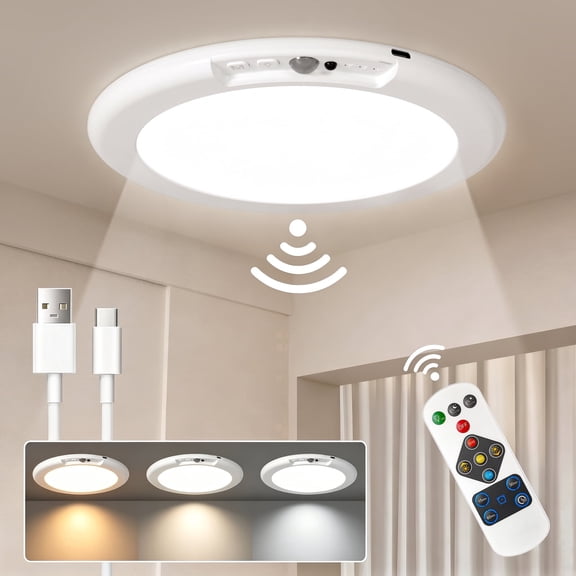 Wireless LED Ceiling Light, Rechargeable Ceiling Light whit Motion Sensor Support 3 Color Temp for Storage Room, Garage, Bathroom, Stairs, Doorway