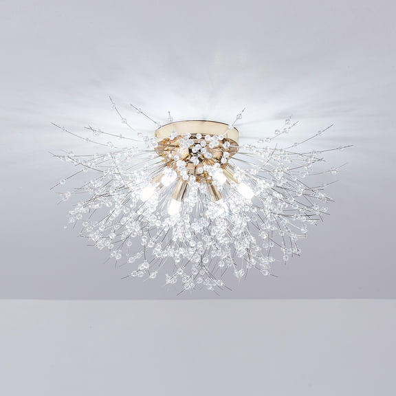 Ceiling Lights, 6-Light G9 Base Gold Crystal Chandelier Fixture, Semi-Open Firework Design Flush Mount Ceiling Light for Living Room Bedroom