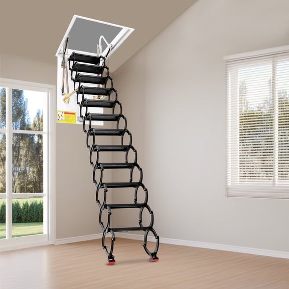 Ceiling Mount Attic Ladder, Heavy Duty 660LBS Capacity Retractable Ceiling Pull Down System, 12 Steps Folding Loft Step, 12-Step Hidden Mount Attic Extension Stairs for Garage & Home Attic Access