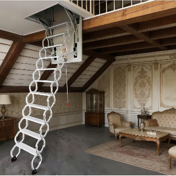 Ceiling Mount Attic Ladder, Retractable Attic Ladder Ceiling Pull Down System, 12 Steps Folding Loft Step with Armrests, Hidden Mount Attic Extension Stairs for Garage
