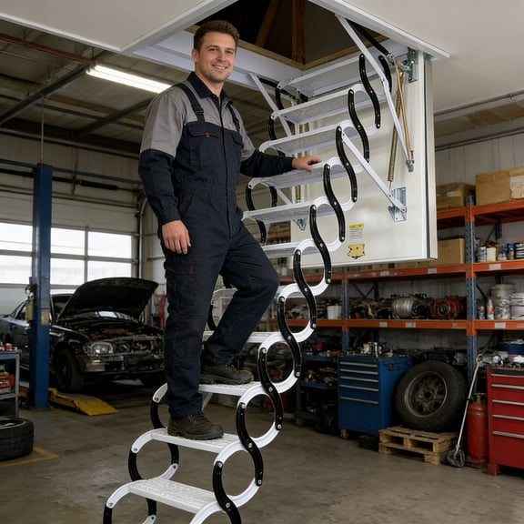 Ceiling Mount Attic Ladder, Retractable Attic Ladder Ceiling Pull Down System, 12 Steps Folding Loft Step with Armrests, Hidden Mount Attic Extension Stairs for Garage Black