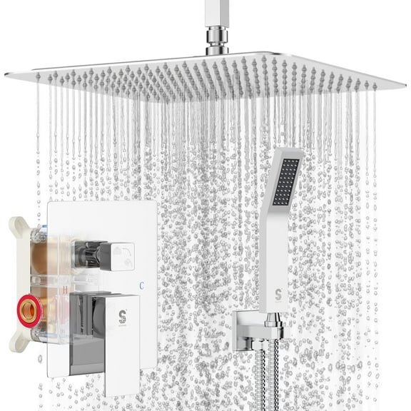 Ceiling Mount Bathroom Luxury Rain Mixer Shower Combo Set Rainfall Shower Head System 16 Inch Polished Chrome