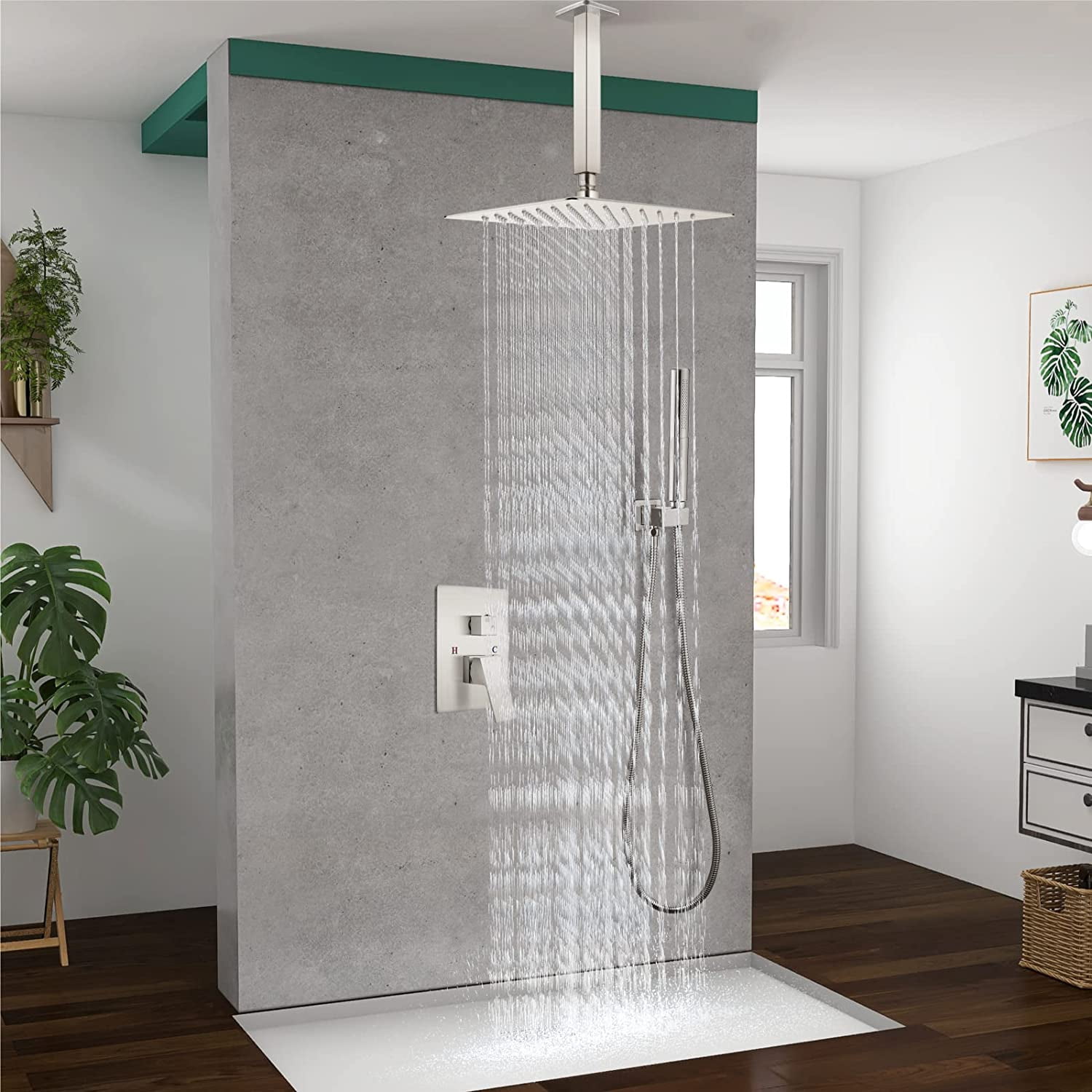 Ceiling Mount Brushed Nickel Shower System 10 Inch Rain Shower Head ...