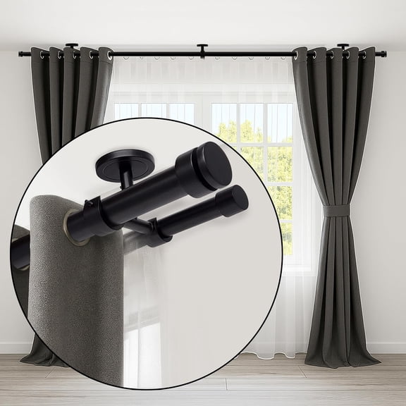 Ceiling Mount Double Curtain Rod 48-84 in, Adjustable Heavy Duty Window Drapery Rod with 3 Ceiling Brackets & Installation Hardware, Dual Curtain Holder for Living Room Bedroom, Matte Black