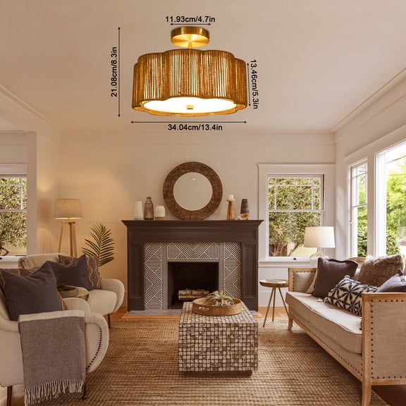 Ceiling Mount Light 3-Light Dimming Flower-shaped Light Retro Woven Rattan Lighting Fixture