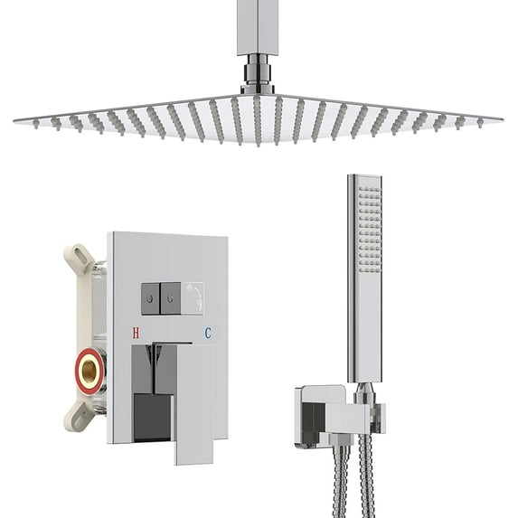 Ceiling Mount Rain Shower System with 10 Inch Shower Head and Hand held Bathroom Polished Chrome Shower Set Contain Shower Faucet Mixer Rough-in Valve Cartridge Body and Trim Kit