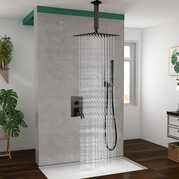 Ceiling Mount Shower Faucet Set Matte Black 10 Inch Square Showerhead Bathroom Rainfall Shower System SUS304 Stainless Steel Shower Trim Kit 2 in 1 Handheld shower with Rough-in Valve
