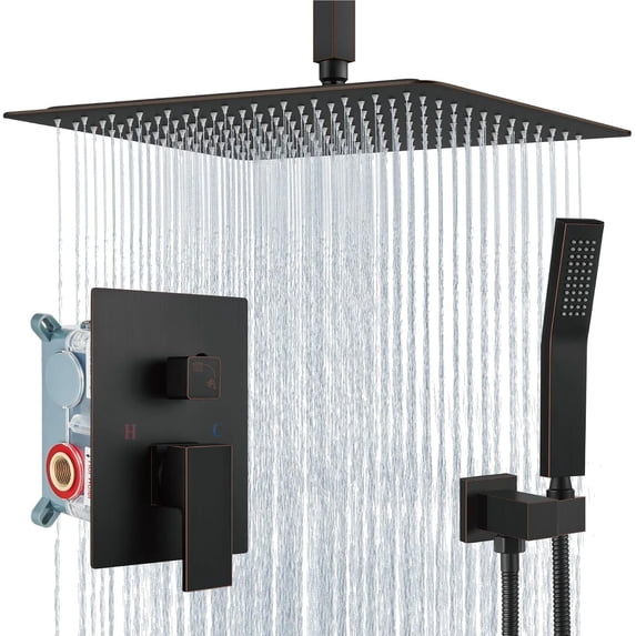 Ceiling Mount Shower System Rain Shower Head with Handheld Spray Pressure Shower Faucet Set Rough-in Valve Shower Trim Kit Included Bathroom Brushed Nickel Ceiling Shower Head