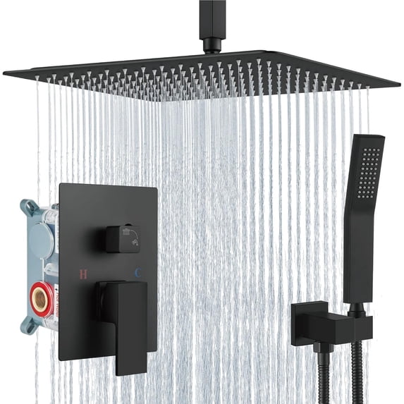Ceiling Mount Shower System Rain Shower Head with Handheld Spray Pressure Shower Faucet Set Rough-in Valve Shower Trim Kit Included Bathroom Brushed Nickel Ceiling Shower Head