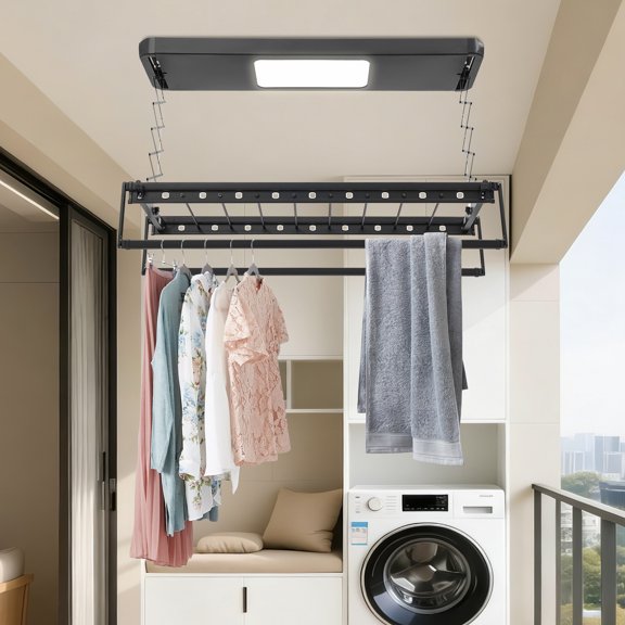 Ceiling Mounted Electric Clothes Drying Rack, Retractable Automatic Lifting Laundry Rack with Remote Control & LED Light Foldable Clothesline for Laundry Room, Balcony, Indoor Use (Black)