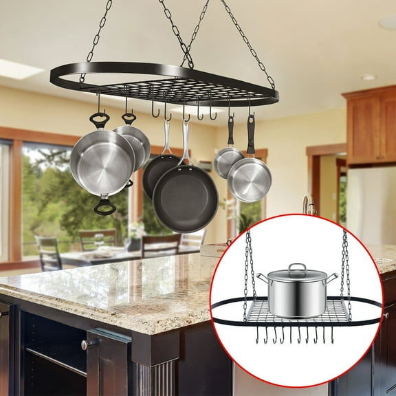Ceiling Mounted Hanging Pot Rack, Large Black Kitchen Storage Shelf with 10 Hooks, 44 lbs Capacity, for Pots, Pans