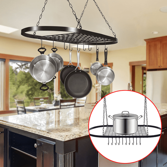 Ceiling Mounted Hanging Pot Rack with 10 Hooks, 31.5 X 16.54 X 20.87 in, Black