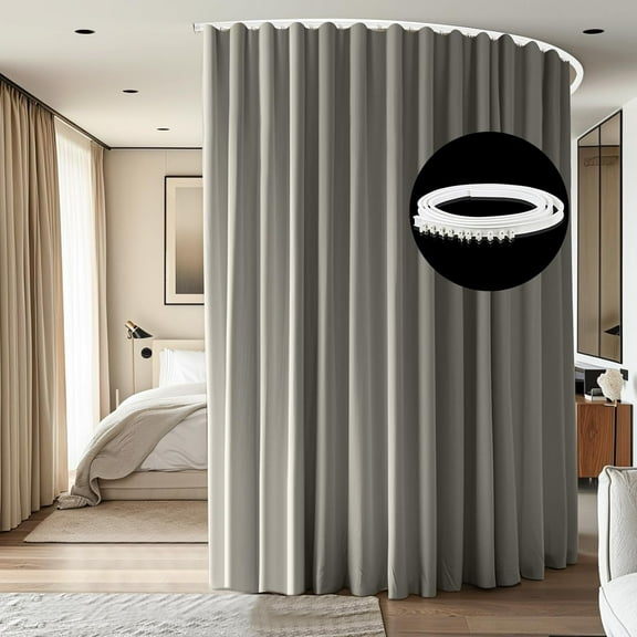 Ceiling Mounted Room Divider Curtain Track Set with Blackout Drape - Extra Wide Flexible Partition for Bedroom Privacy, Includes 1 Gray Panel & White Rail, 8.3 ft Wide x 7 ft High