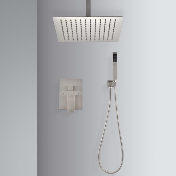 Ceiling Mounted Shower System Combo Set with Handheld and 12"Shower head, Aukfa Wall Mounted Shower Faucet Set for Bathroom with High Pressure, Brushed Nickel