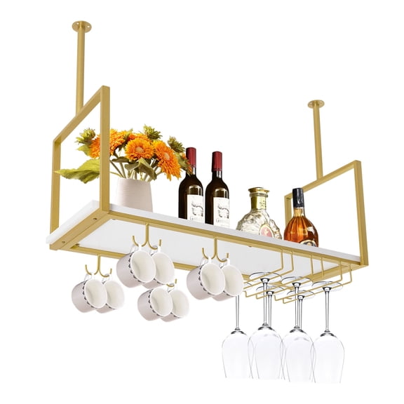 Ceiling Mounted Wine Rack, 31.5 Inch Metal Wine Rack with Wine Glass Holders Hanging Goblet Shelf Wine Storage Organizer Wine Display Stand Gold for Bar Hotel Cafe