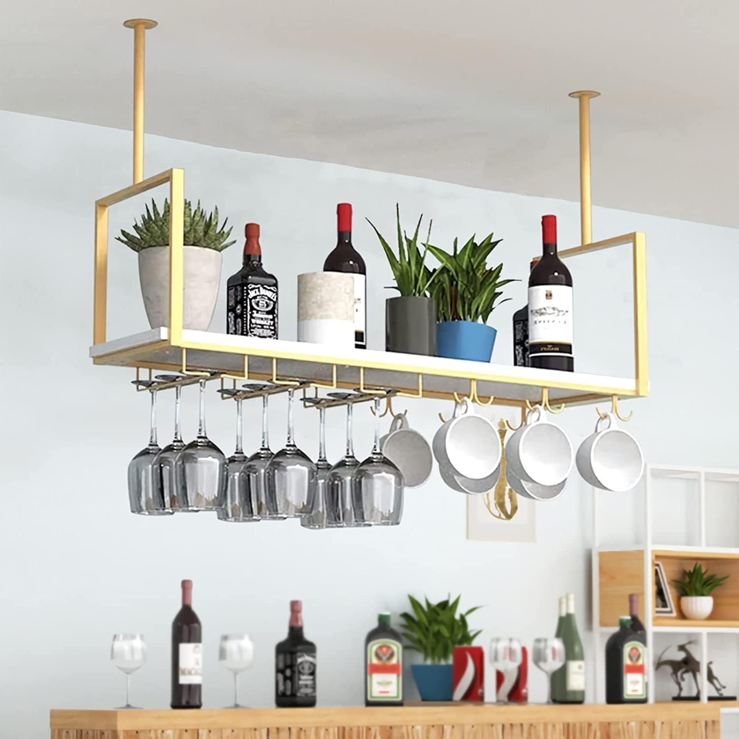 Cafe Center Rack Ceiling Mounted Wine Rack, 31.5 Inch Metal Wine Rack with Wine Glass ...