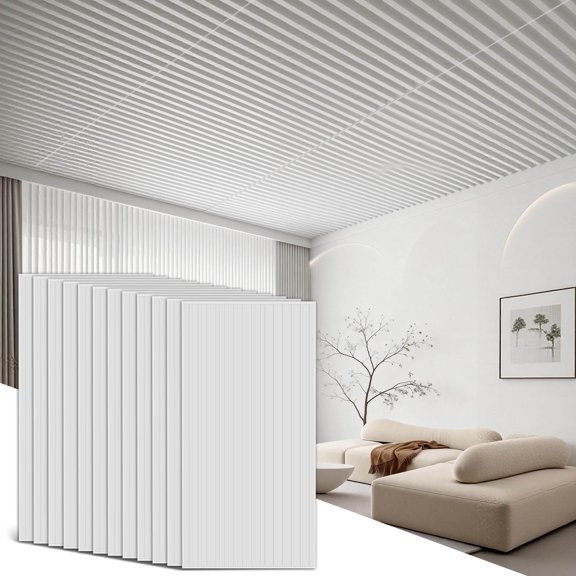 Ceiling Panel 2x4 Feet, PVC Decorative Ceiling Covering Panel, 3D Striped Wall Panel Indoor Wall Decoration, 12 Piece Pack Waterproof Ceiling Panel for Office/Basement/Kitchen/Recording Studio, White