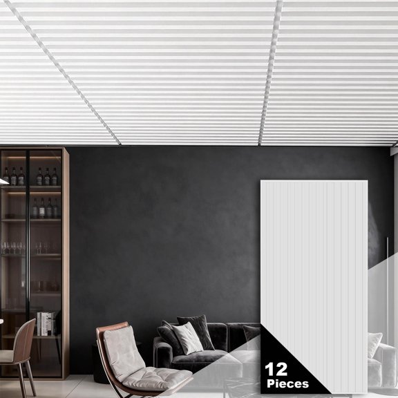 Ceiling Panel 2x4 Feet, PVC Decorative Ceiling Covering Panel, 3D Striped Wall Panel Indoor Wall Decoration, 12 Piece Pack Waterproof Ceiling Panel for Office/Basement/Kitchen/Recording Studio, White
