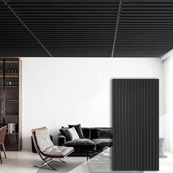 Ceiling Panel 2x4 Feet, PVC Decorative Ceiling Covering Panel, 3D Striped Wall Panel Indoor Wall Decoration, 12 Piece Pack Waterproof Ceiling Panel for Office/Basement/Kitchen/Recording Studio,Black