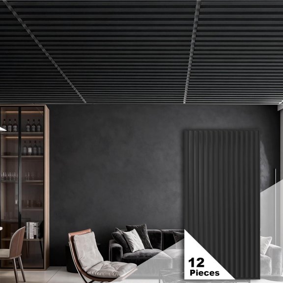 Ceiling Panel 2x4 Feet, PVC Decorative Ceiling Covering Panel, 3D Striped Wall Panel Indoor Wall Decoration, 6 Piece Pack Waterproof Ceiling Panel for Office/Basement/Kitchen/Recording Studio,Black