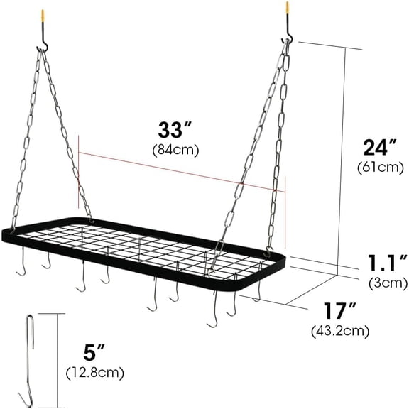 Ceiling Pot Rack, 33 Inches Wall Hanging Mounted Pot Pan Hanger with 12 Hooks, Multi-Purpose Cookware Kitchen Utensils Organizer Storage Shelf - MK397C