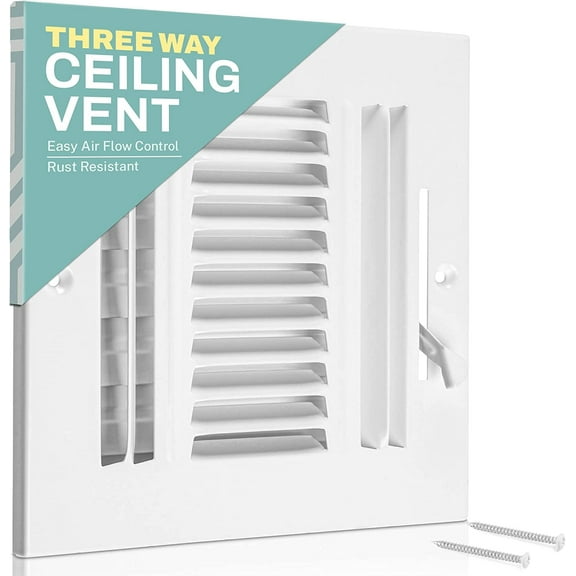 Ceiling Register - Air Vent Covers for Home Ceiling or Wall - 10X10 Inch (Duct Opening) 3-Way White Grille Register Cover with Adjustable Damper for HVAC Heat and Cold Air Conditioner
