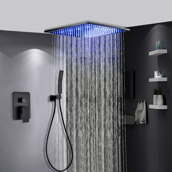 Ceiling Shower System LED Rainfall Shower Faucet Set Bathroom 16 Inch Shower Head Valve Set Rain Overhead Shower Set Matte Black Shower Fixtures System