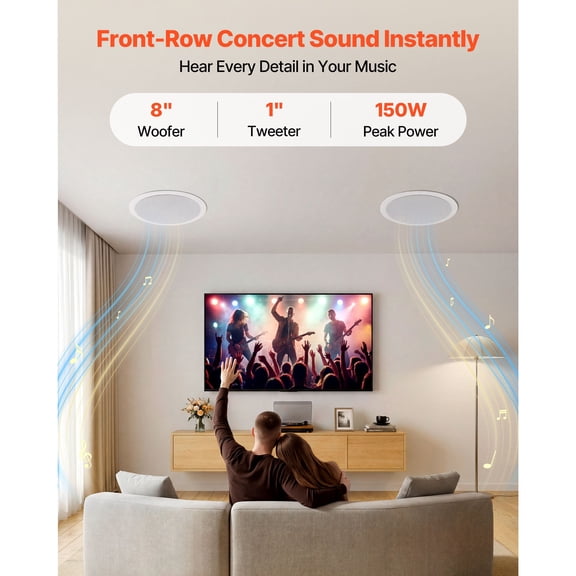 In Ceiling Speakers, 8", In-Ceiling & In-Wall Speaker System, Hi-Fi Sound, 150W Peak, 2-Way Flush Mount Speakers, for Damp Humid Placement, Home Theater, Living Room, or Covered Patio, 1 Pair