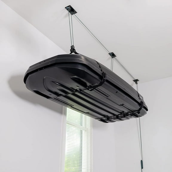 Ceiling Storage Hoist for Cargo Box - Heavy Duty Garage Storage Lift - Garage Pulley Lift System Holds 150 lbs and Fits 8-10 ft Tall Garage Ceilings