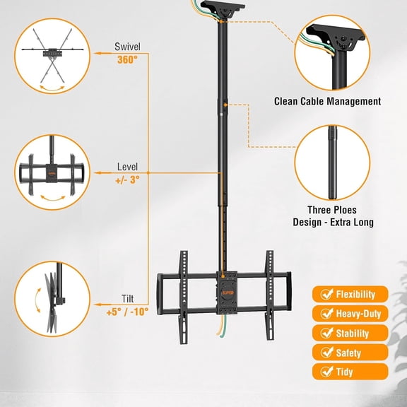 Ceiling TV Mount for Most 37-75 Inch TVs, Height Adjustable Full Motion Ceiling Mount for Flat Pitched Roof, Hanging TV Bracket Swivel and Tilt, Holds up to 110 lbs, Max VESA 600x400mm YD3016