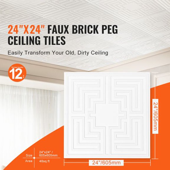 Ceiling Tiles, 12-Pack 24 x 24 in, Drop Ceiling Tiles Premium PVC Sheet, Easy Installation/ Cutting Plastic Glue-up Ceiling Tile, Ceiling Covering for Home/Office Decoration, White Echo Pattern
