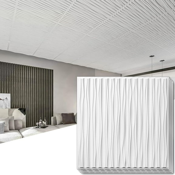 Ceiling Tiles 24 x 24 for Interior Wall Décor, 12 Pack Drop Ceiling Tile 3D Wall Panel Fire Rated Waterproof Premium PVC, No Sag and Breakage Wall Panels Cover 48.Sq.Ft. White