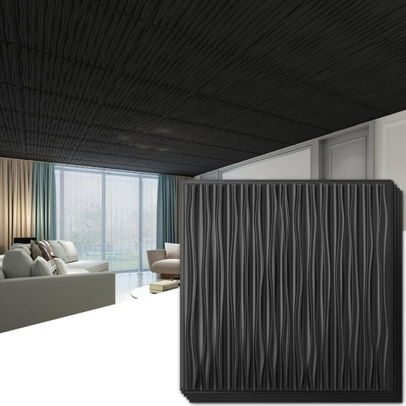 Ceiling Tiles 24 x 24 for Interior Wall Décor, 12 Pack Drop Ceiling Tile 3D Wall Panel Fire Rated Waterproof Premium PVC, No Sag and Breakage Wall Panels Cover 48.Sq.Ft. Black