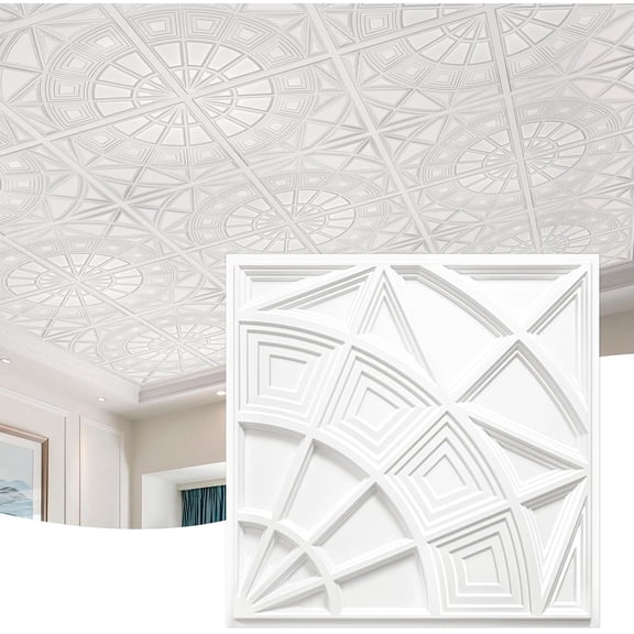Ceiling Tiles 24"x24", Modern Geometric Textured PVC Panels, & Recyclable Drop or Glue-Up Decorative Ceiling Tiles for & Commercial Use (12 Pack, White)