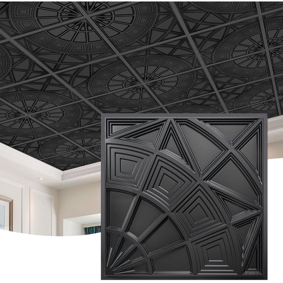 Ceiling Tiles 24"x24", Modern Geometric Textured PVC Panels, & Recyclable Drop or Glue-Up Decorative Ceiling Tiles for & Commercial Use (Pack of 12, Black)
