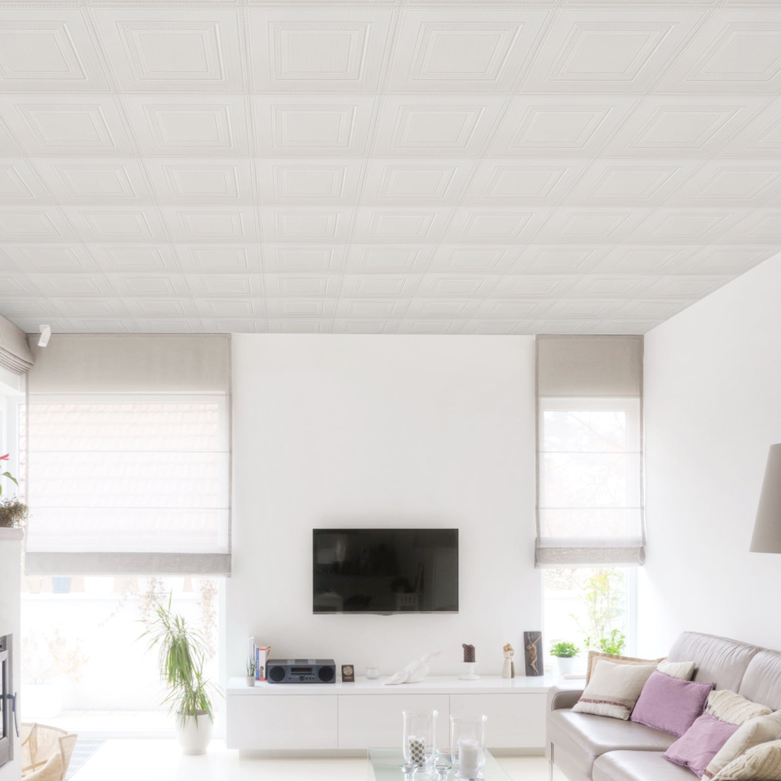 Abyssaly PVC Adhesive Panels, 13.8x13.8 inch, 32Pack Peel & Stick Ceiling Tiles, Plain White