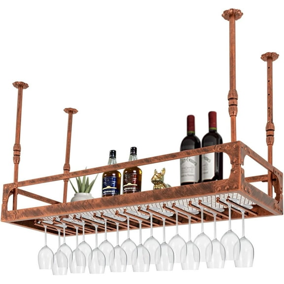 Ceiling-Type Wine Holder, Bronze Vintage Wine Glass Rack, Creative Hanging Wine Glass Holder Upside Down Wine Glass Holde, 13.78"-21.65" Height Adjustable Floating Shelf for Bar Cafe Kitchen