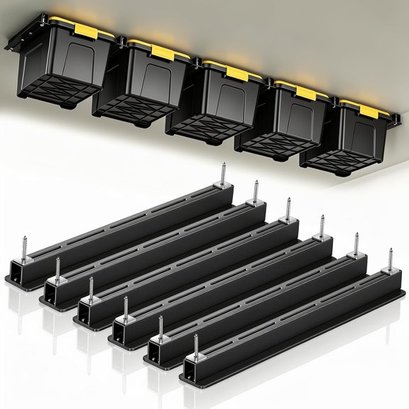 Ceiling Utility Bin Rails Storage Rack, Overhead Garage Storage Racks, Heavy Duty Hanging Storage Racks for Garage, Adjustable Width, Black (26in-6 Sets for 5 Bins)