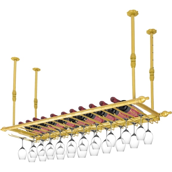 Ceiling Wine Glass Rack Hanging Bar Glass Rack Rustic Wine Rack Wall Mounted with Glass Holder Adjustable Hanging Bar for Kitchen (47.2in, Champagne)