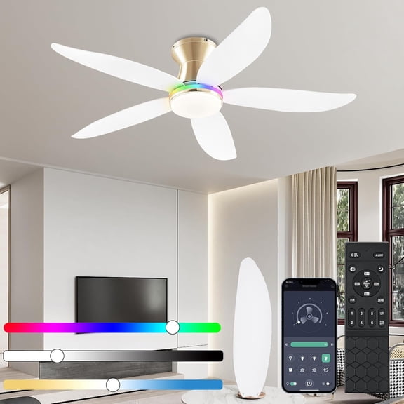 Ceiling fan with light, 48" RGB Low Profile Ceiling fans with Lights and Remote Control, Dimmable, DC Reversible Motor, Noiseless, 6 Speeds Flush Mount White Ceiling Fan for Bedroom