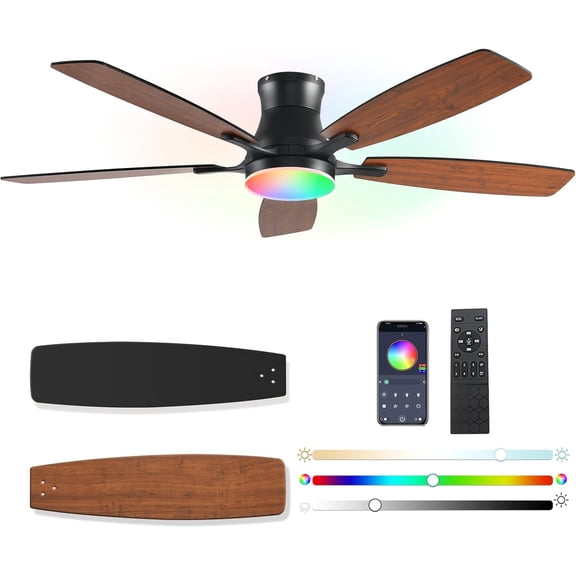 Ceiling fans with Lights, 54inch RGB Low Profile Ceiling fan with Light and Remote/App Control, Dimmable, DC Reversible Motor, Noiseless, 6 Speeds,Brown Ceiling Fan For Bedroom Indoor Outdoor