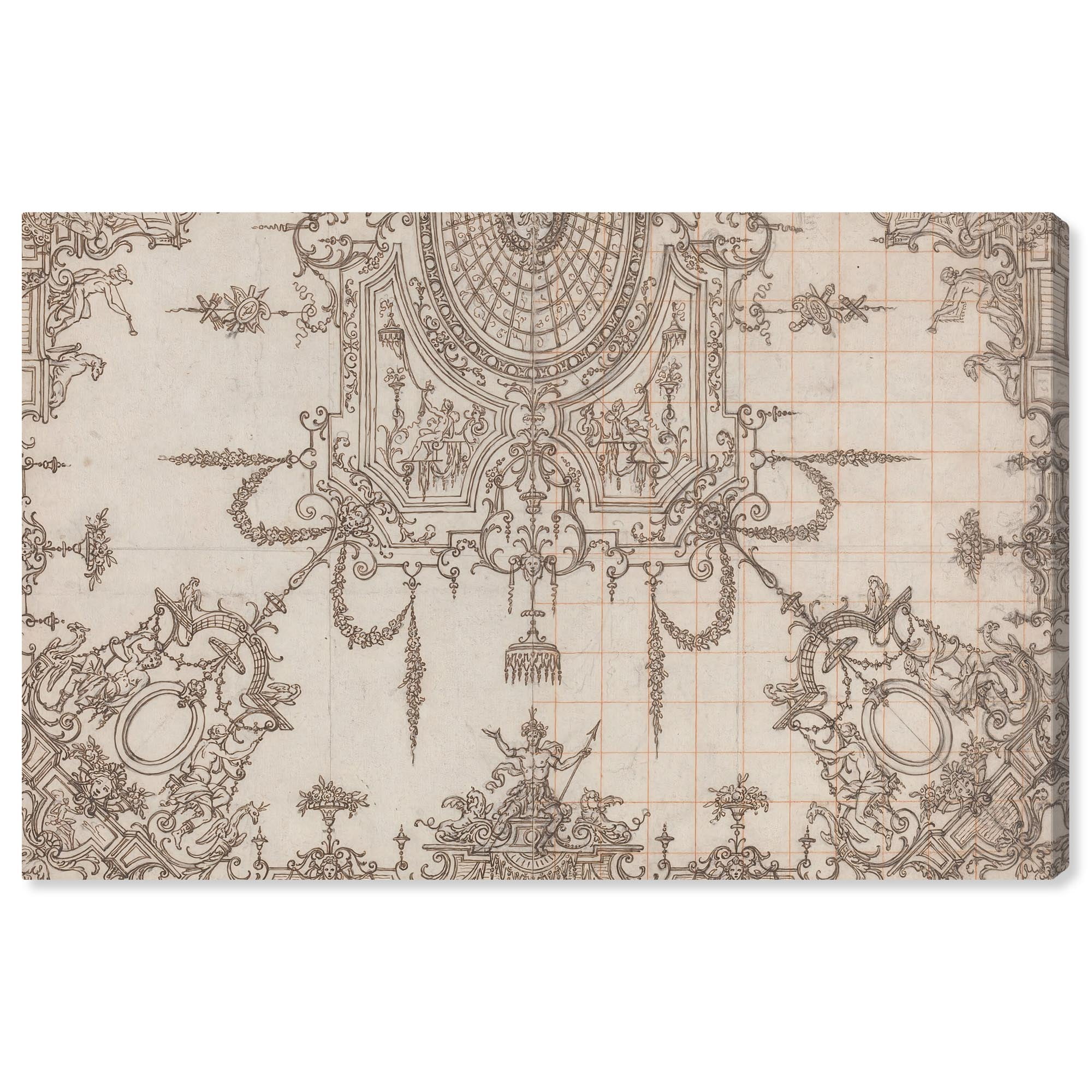 Vintage Beige and Brown Canvas Art with Trellises and Figures
