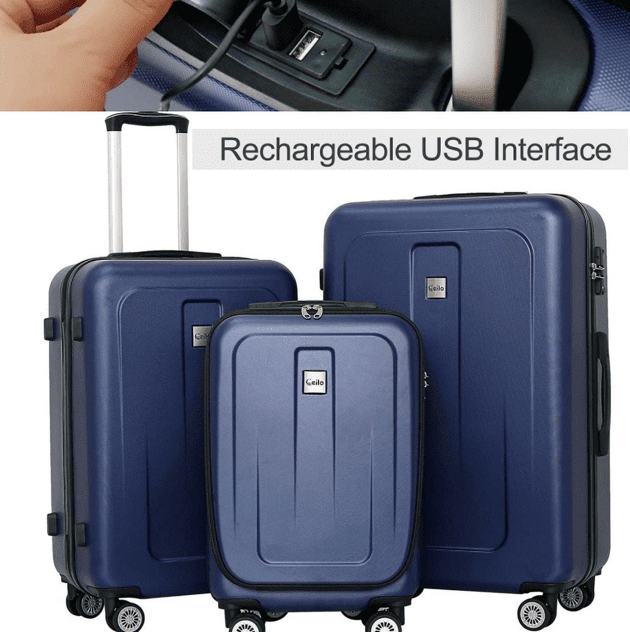 Ceilo 3PC Hardshell Luggage Set: Rechargeable USB, ABS Material