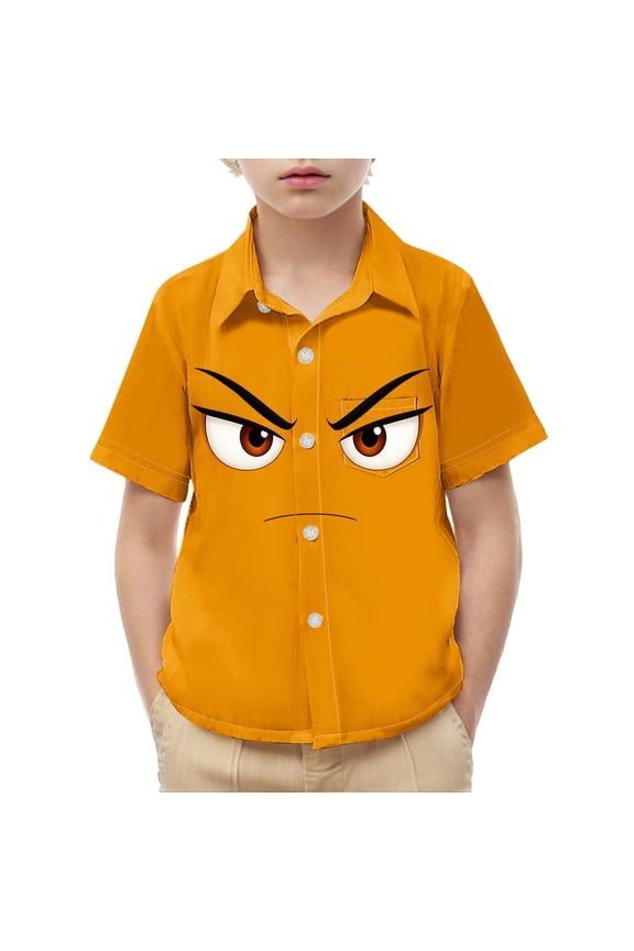 Boys Girls Short Sleeve School Shirt Solid Smiley Face Print Button Down Pockets Casual Uniform Top Orange 6 Years Gifts for Father