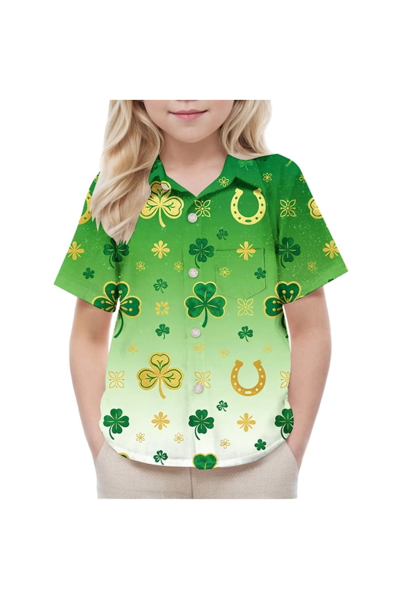 Boys Girls Short Sleeve School Shirt Solid St Patricks Day Print Button Down Pockets Casual Uniform Top Multicolor 2 Years Gifts for Father