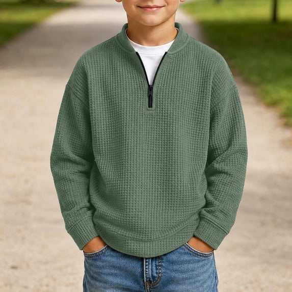 Ceisia Boys Girls Waffle Knit Quarter Zip Hooded Jacket Solid Color Long Sleeve Fall Winter Outerwear For 3‑14 Years Old Kids Gift