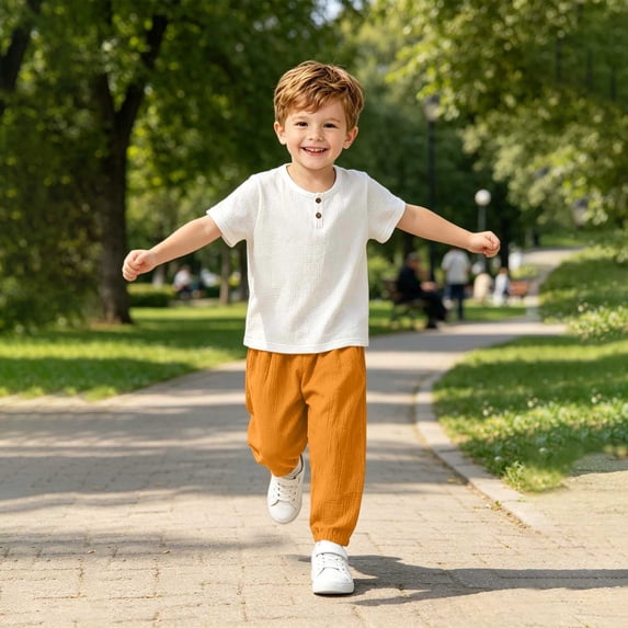 Ceisia Boys Short Sleeve Henley Shirt And Elastic Waist Pants 2 Piece Linen Outfit Set Orange 7 Years-8 Years Gift