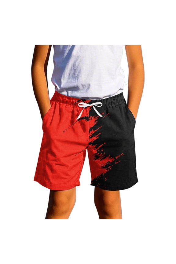 Boys Split Splash Paint Print Drawstring Swim Shorts Quick Dry Elastic Waist Beach Casual Board Shorts (Red 130) Father's Day Gift
