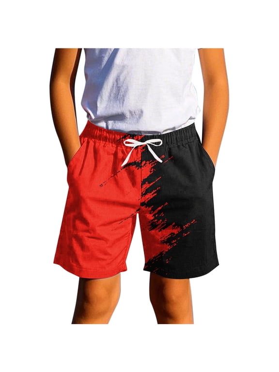 Boys Split Splash Paint Print Drawstring Swim Shorts Quick Dry Elastic Waist Beach Casual Board Shorts (Red 130) Father's Day Gift